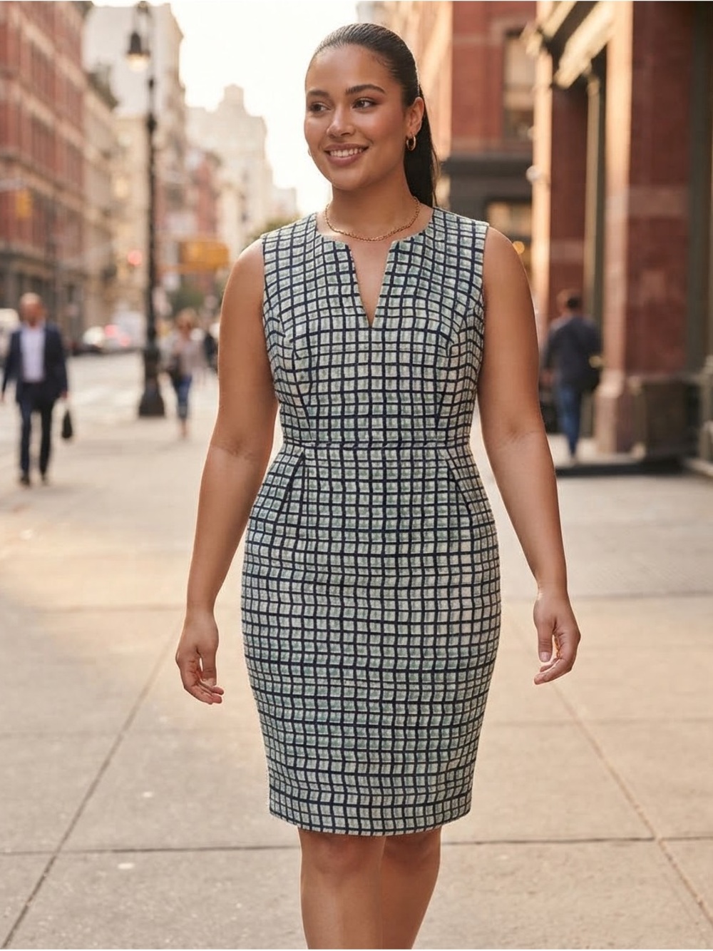 kate spade Navy and Cream Grid-Print Sheath Midi Dress